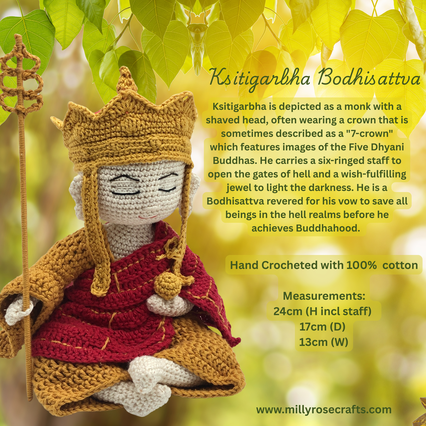 Hand-crocheted Ksitigarbha Bodhisattva figure 