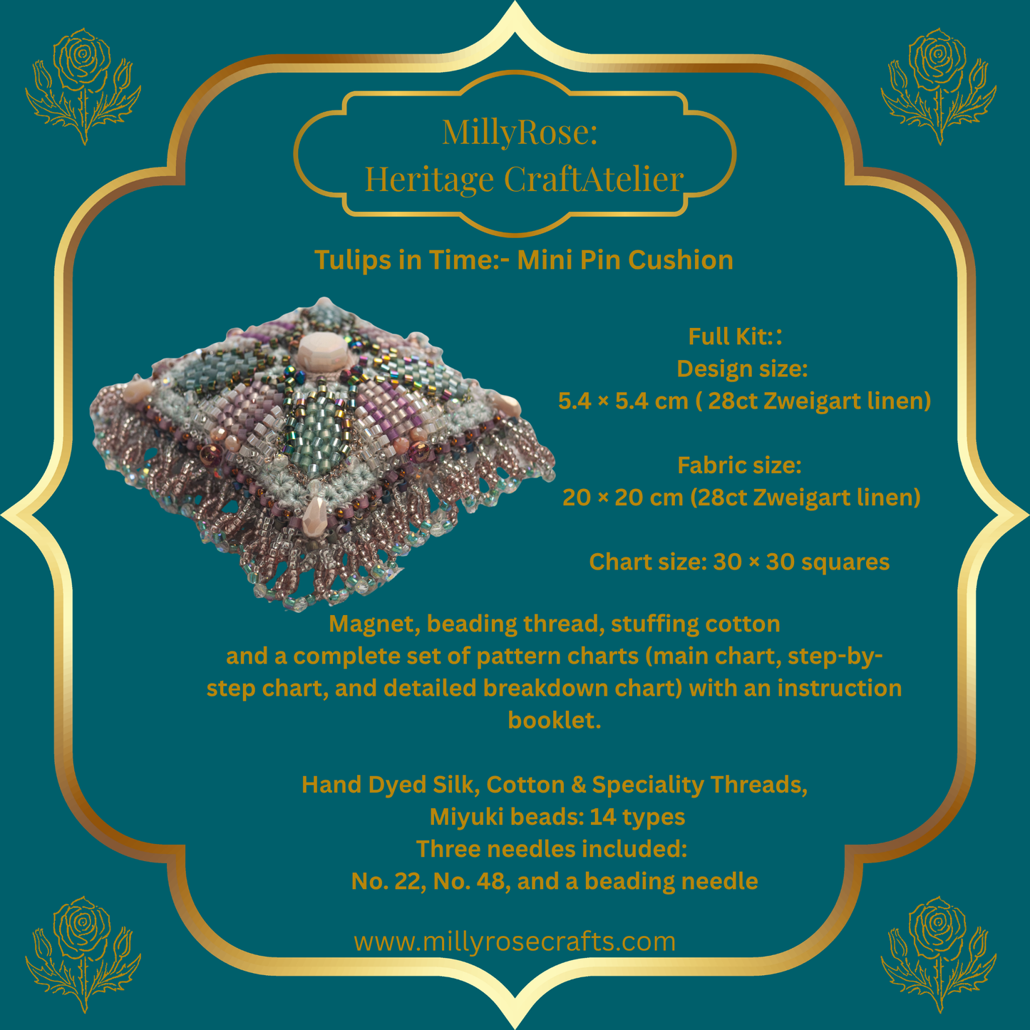 Advertisement for an I-Make  beaded mini pin cushion kit with product details on a green background.