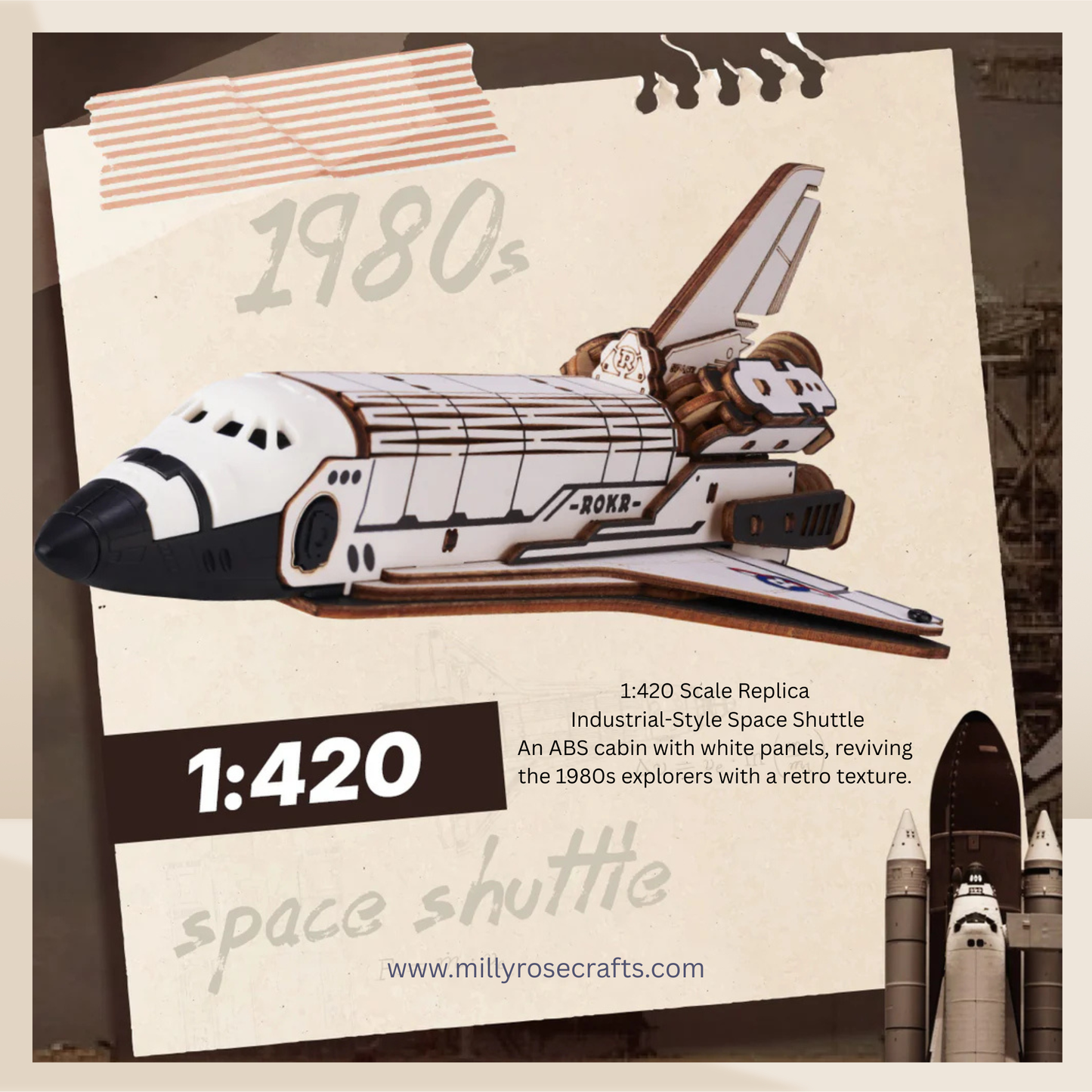 ROKR Space Shuttle 3D Wooden Puzzle Moving Rocket Launch Tower with Lights Mechanical Building STEM Project for Adults Teens Perfect Gift