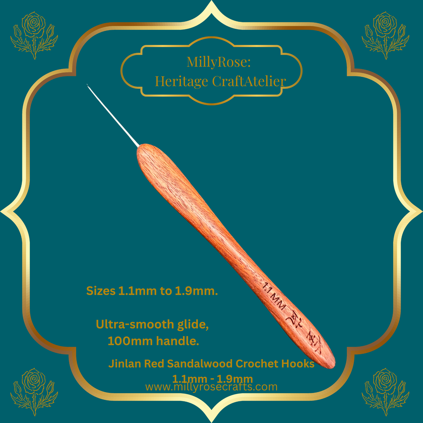 Jinlan Red Sandalwood Crochet Hook, Micro Crochet 1.1mm to 1.9mm High End Ergonomic Crochet Tool, Luxury Handcrafted Lace Hook, Heirloom Fiber Arts Gift, 100mm Handle