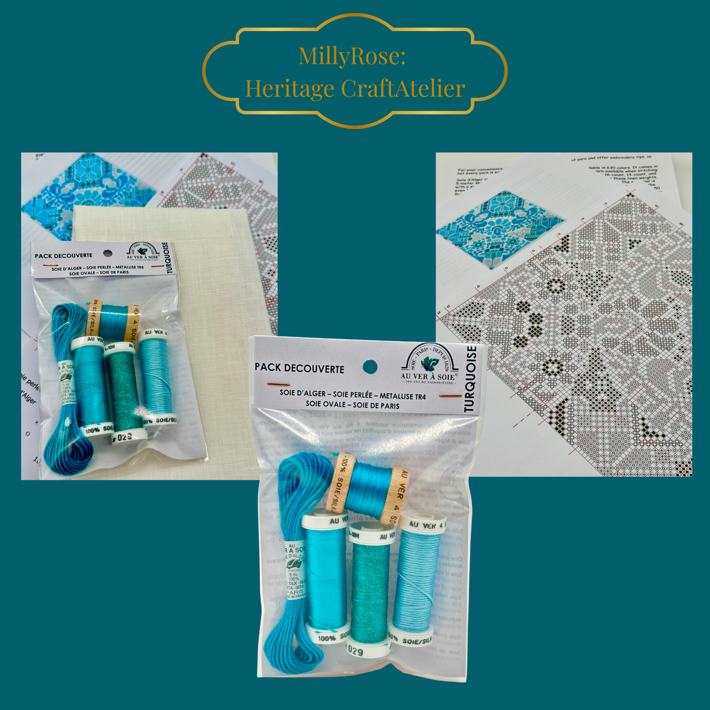 Historische Stickmuster Explorer Silk Cross Stitch Kit  Au Ver à Soie Turquoise Discovery Pack Sampler