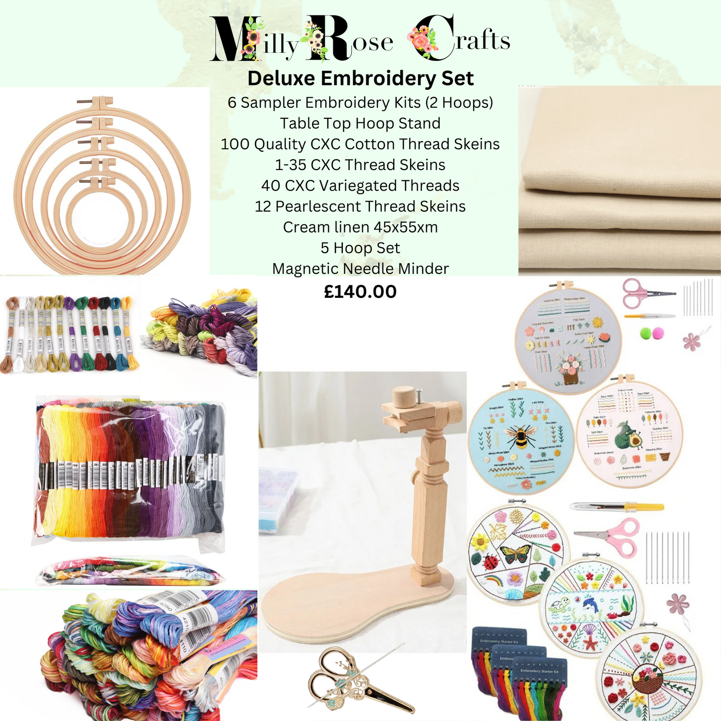 Deluxe Embroidery Kit Set of CXC Embroidery Threads Hands Free Table Hoop Holder 1-35 Amo Threads Cross Stitch Samplers Variegated Threads 20cm Adjustable Hoops Set Craft Gift Idea