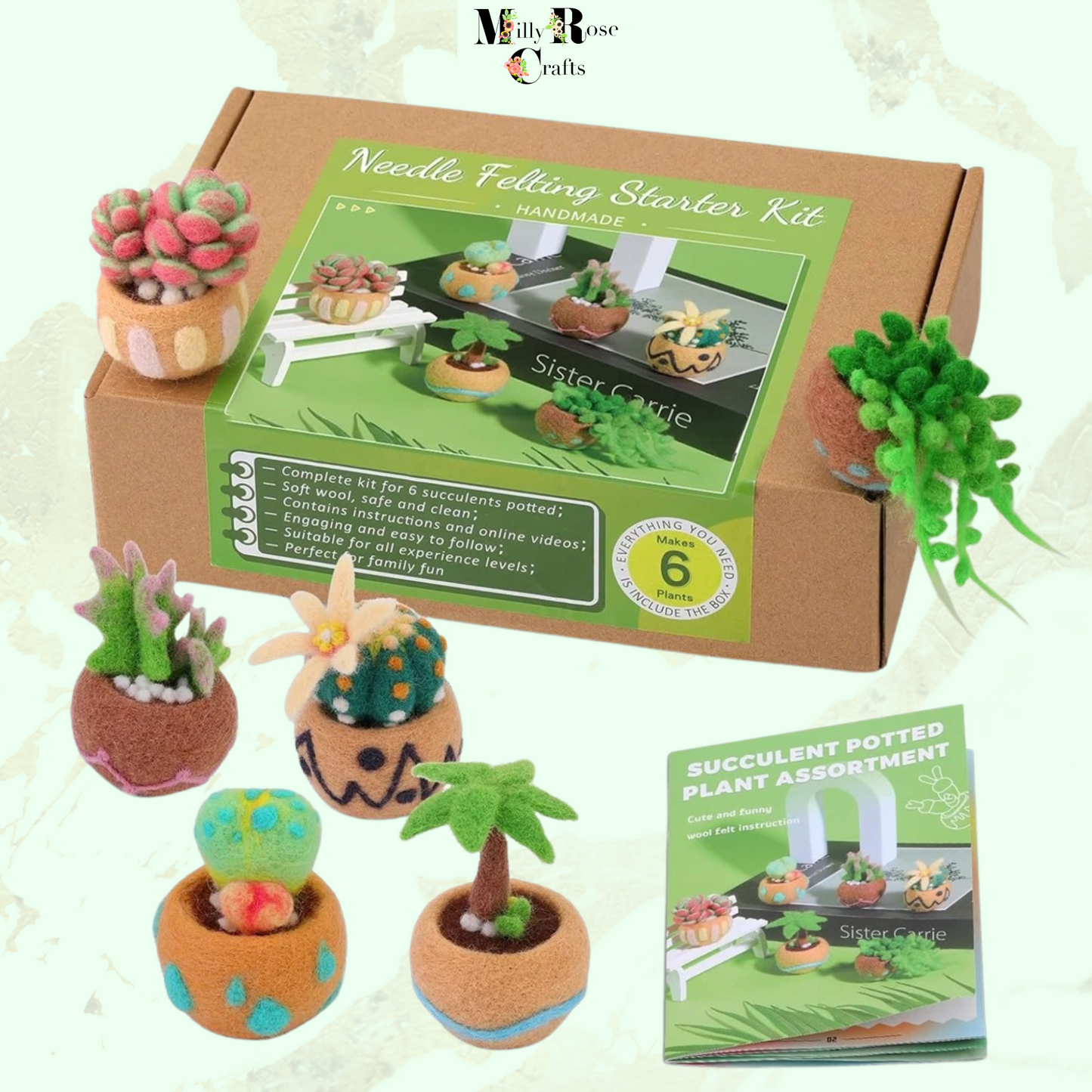 Succulent Needle Felting Kit, Cacti in Pots Needle Felting Kit 6-9-15 Cacti Felting Kit Wool Felting Mat 12 Felting Needles Craft Gift