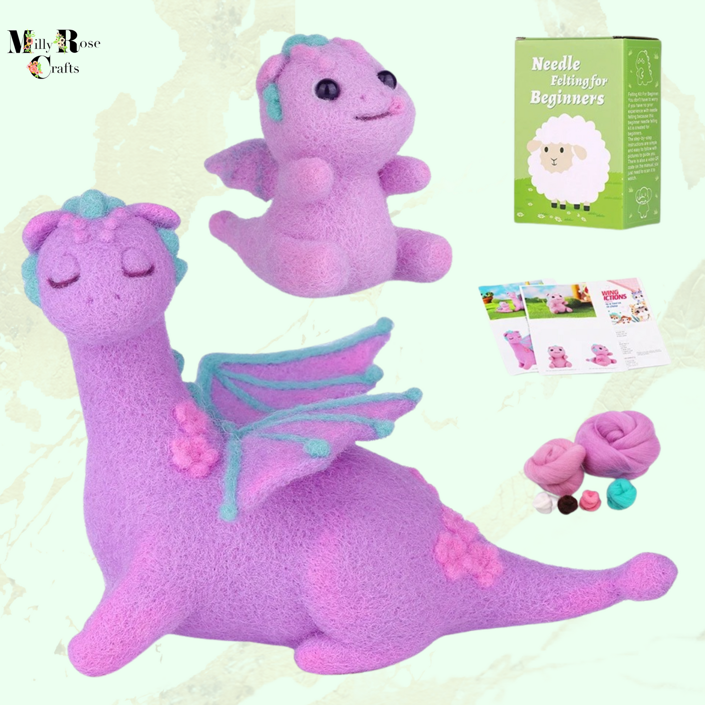 Amigurumi Dragon Needle Felting Kit, Beginner Dinosaur Needle Felting Adult,  Wool Felting Mat Perfect Craft Gift Idea Set 2