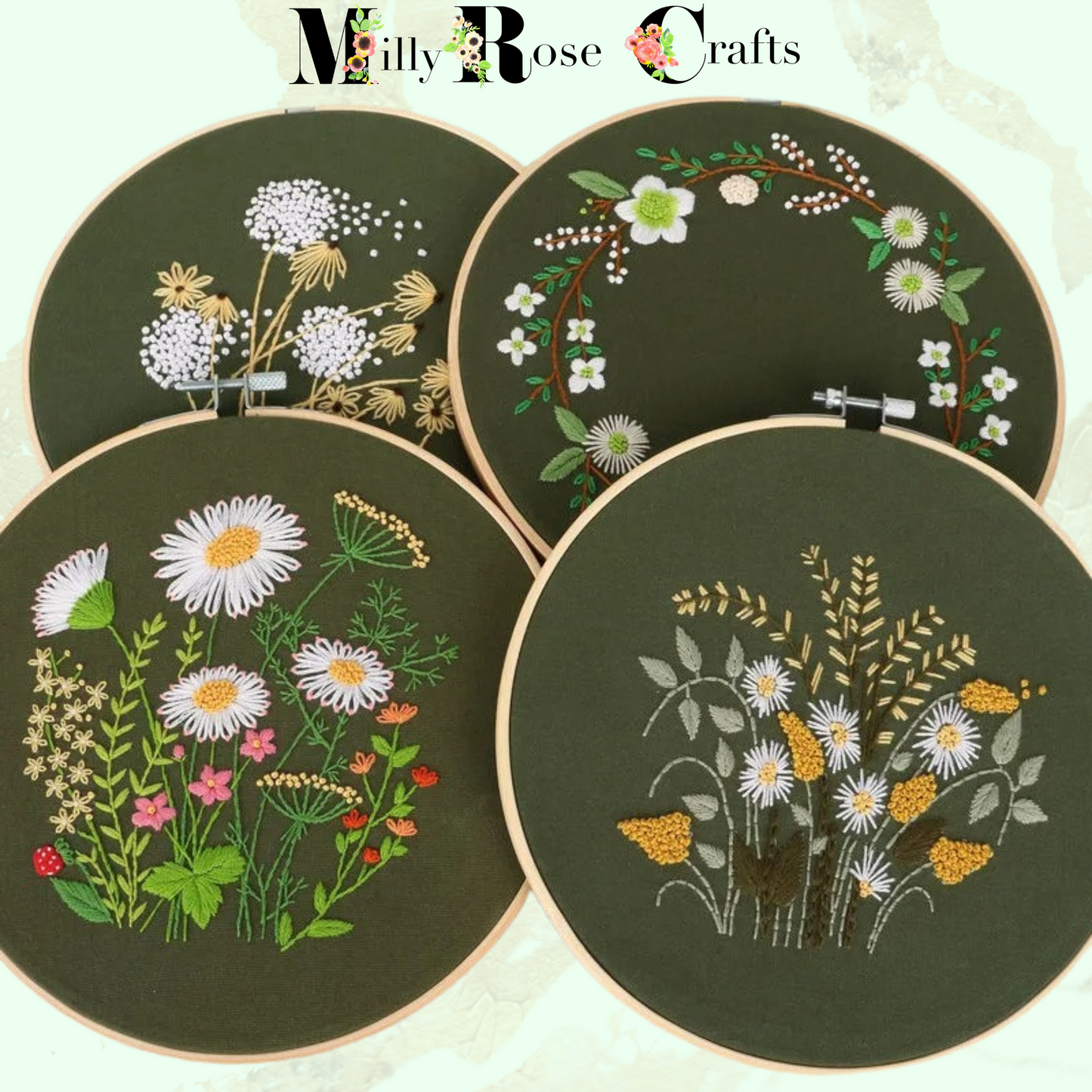 Meadow Flower Embroidery Kits Dandelion Clock DIY Daisy Embroidery kit,20cm hoop and pre-printed cloth, Great craft gift idea