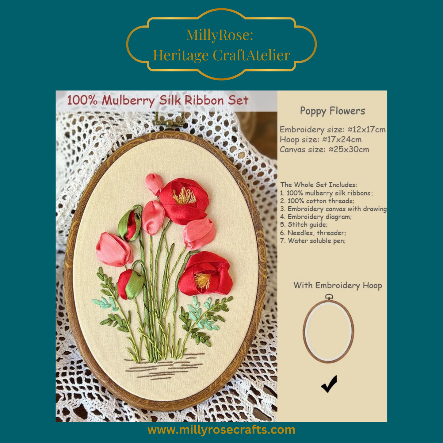 Red Poppies Silk Ribbon Embroidery Kit | Premium Mulberry Silk Floral Design | Heritage Craft Atelier