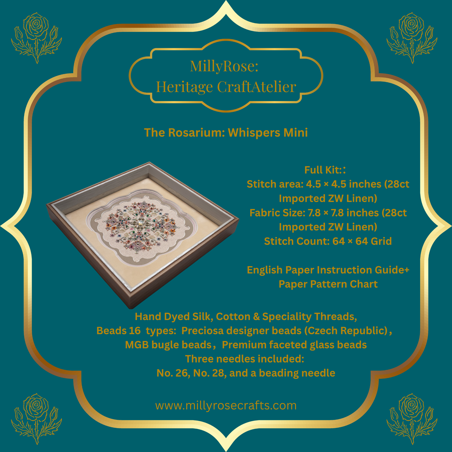 "Rosarium Whispers Mini" Luxury Cross Stitch & Beading Kit Garden Series 2 Series by IMake – 28ct Imported Zweigart Linen & Hand-Dyed Silk
