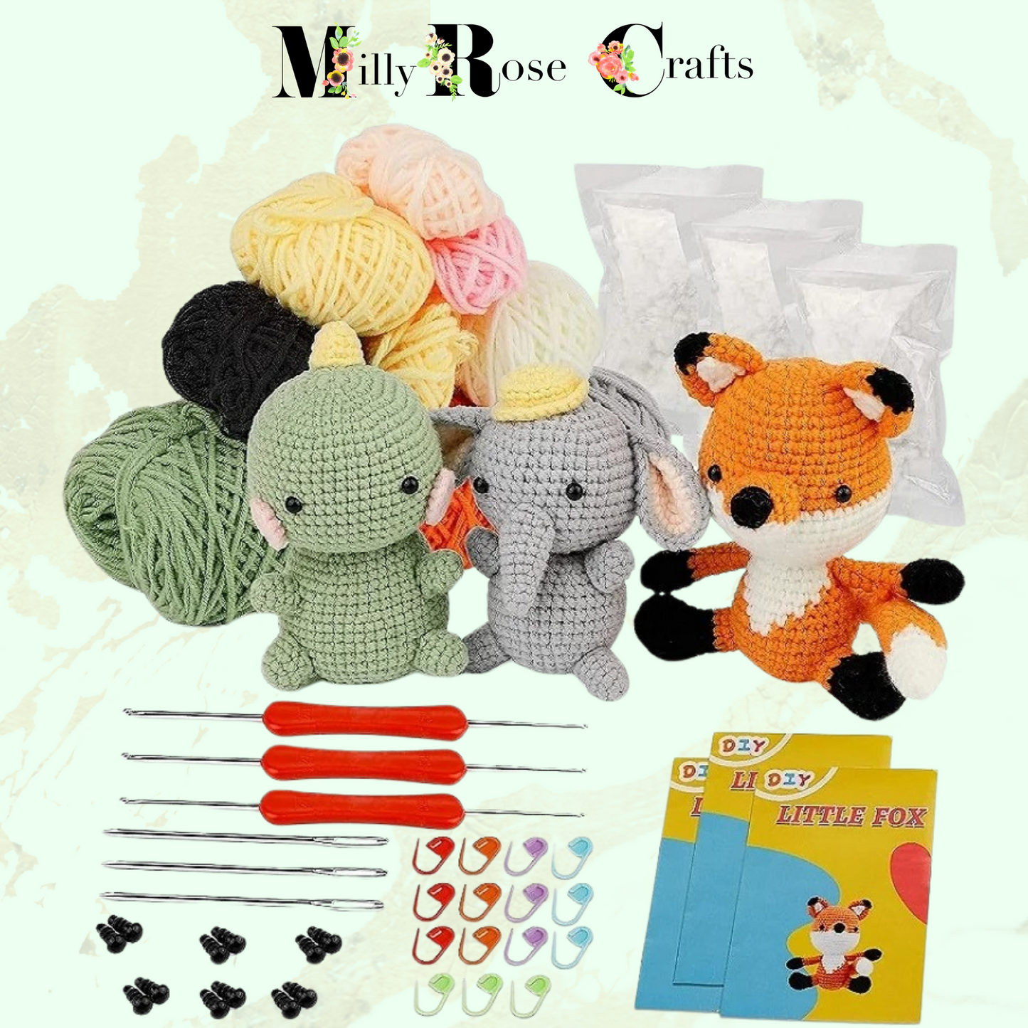 Beginner Crochet Kit, Amigurumi Fox Crochet Kit Dinosaur Complete Crochet Kit Elephant Craft Gift Idea