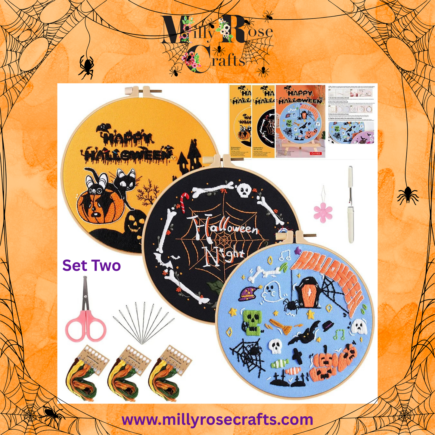 Halloween Embroidery Kits Set of 3 Witches pumpkins ghosts embroidery Kit Easy  Beginner Complete stamped cross stitch Kit Threads 3 Hoops
