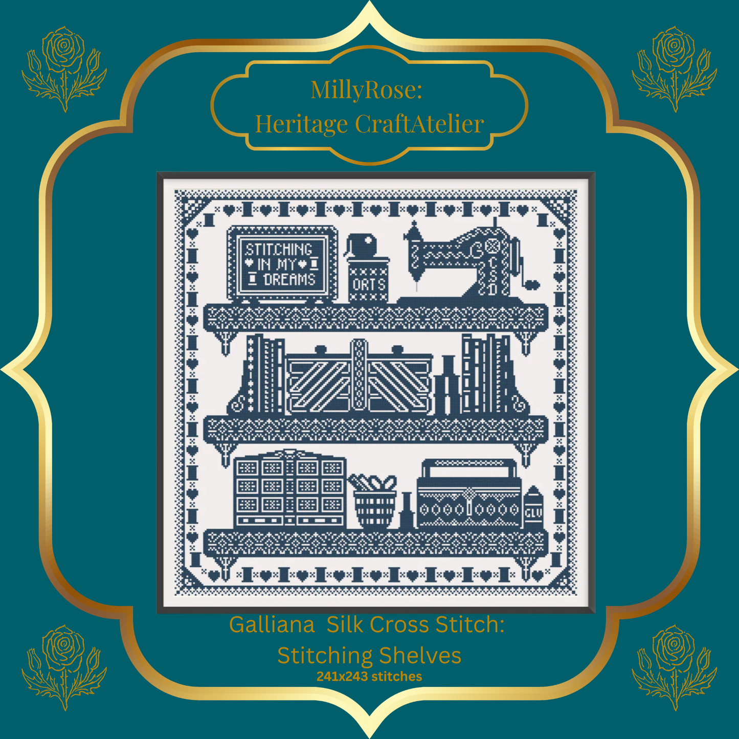 "The Bookcase" Luxury Cross Stitch Kit by Elaine Gallacher – Monochrome British Sampler with Premium Soie d'Alger Silk & Heritage Linen – Historische Stickmuster