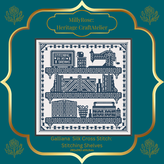 "Stitching Shelves" Luxury Cross Stitch Kit by Elaine Gallacher – Monochrome British Sampler with Premium Soie d'Alger Silk & Heritage Linen – Historische Stickmuster