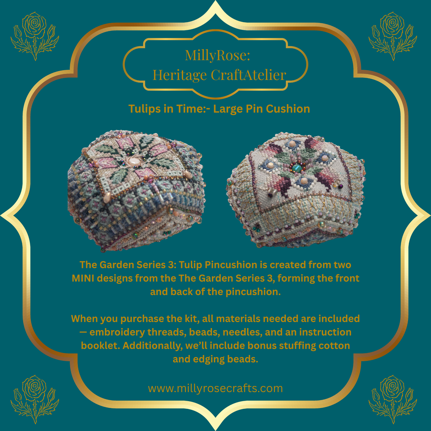 A beautiful three-dimensional stitched tulip pincushion showing detailed geometric beadwork, multi-tonal hand-dyed silk threads, and a decorative button center.