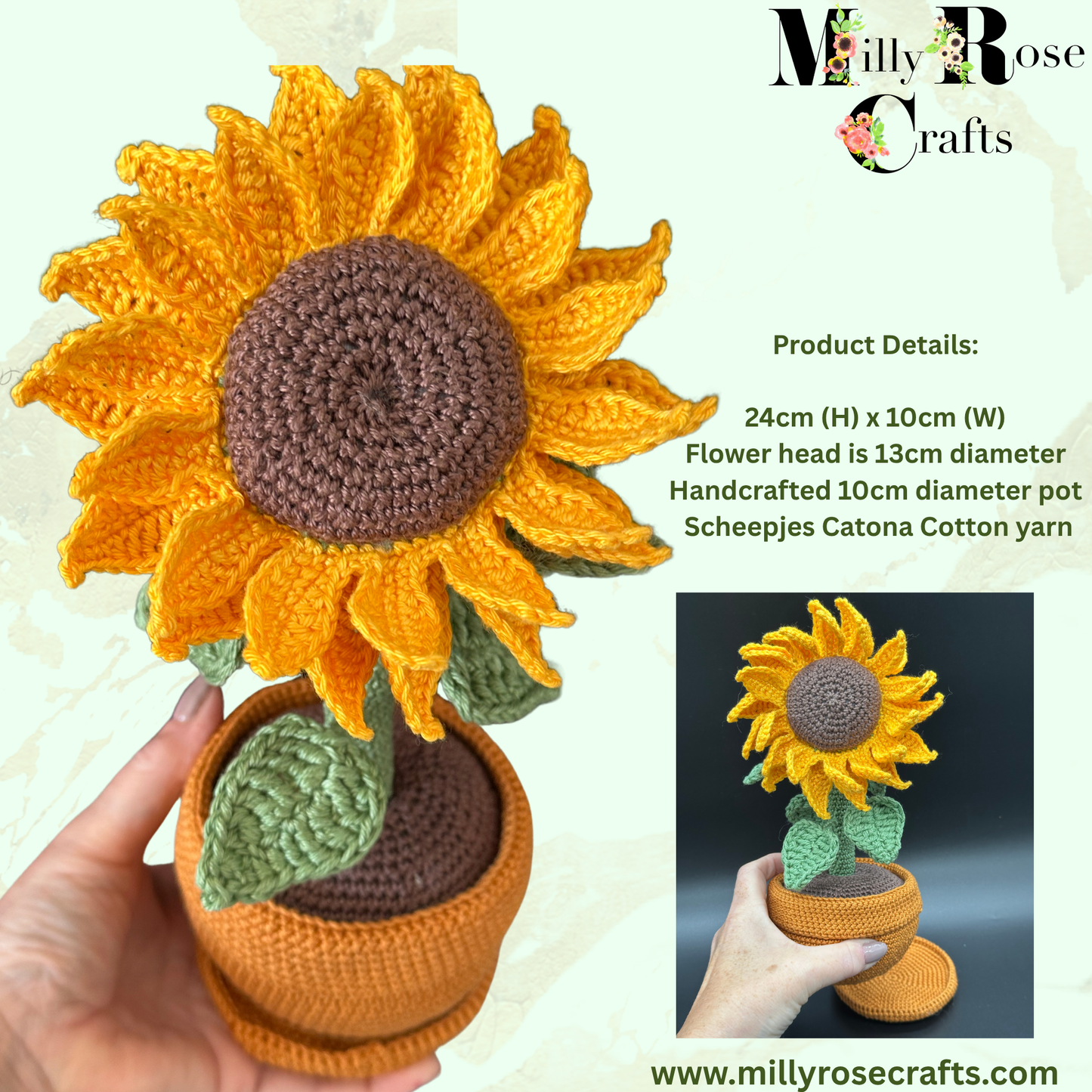 Artisan Hand-Crocheted Sunflower in Pot – Scheepjes Catona Cotton – Poseable Summer Decor