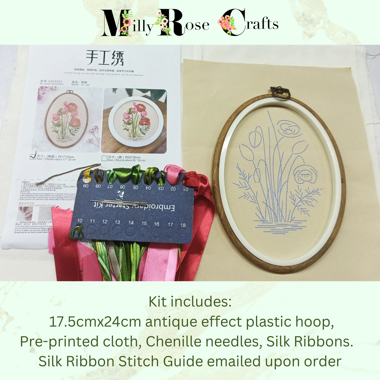 Silk Ribbon Embroidery Kit Oval Frames, Poppies Silk Ribbon Embroidery Alium Primula Buttercups Silk Ribbon Beginner Needlework Craft Adult