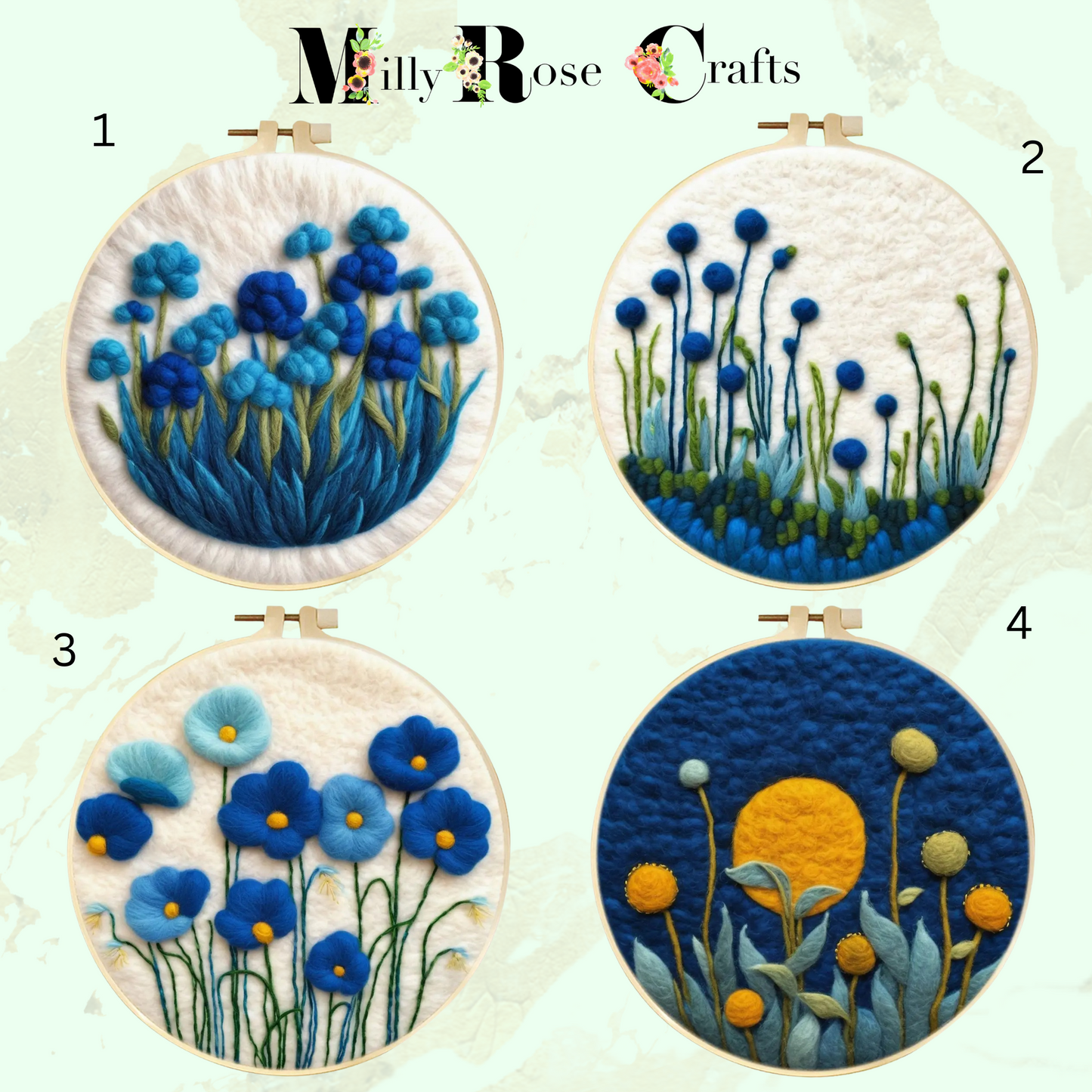 2D Floral Needle Felting Kit Adult Beginner Blue Themed Wool Painting Kit Complete Felting Kit 20cm Hoop Craft Gift Idea