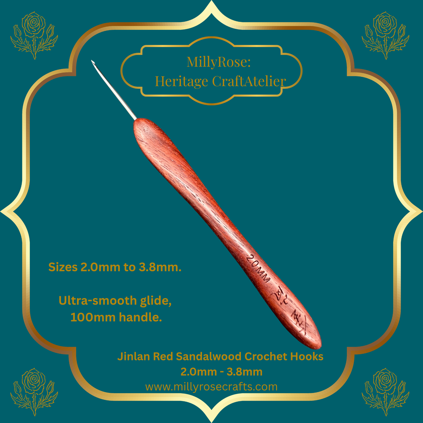 Jinlan Red Sandalwood Crochet Hook, Micro Crochet 2.0mm to 3.8mm High End Ergonomic Crochet Tool, Luxury Handcrafted Lace Hook, Heirloom Fiber Arts Gift, 100mm Handle