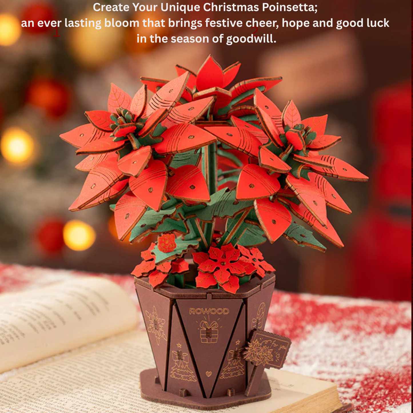 Rowood Christmas Poinsettia Flower Kit Robotime 3D Puzzle DIY Wooden Flower Craft Kit Christmas Table Décor Wooden Craft Gift Toy Gift Kit