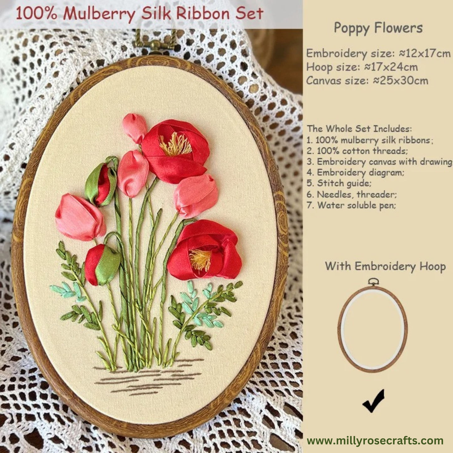 Mulberry Silk Ribbon Embroidery Kit, Red Poppy Blooms, Beginner Needlework Craft
