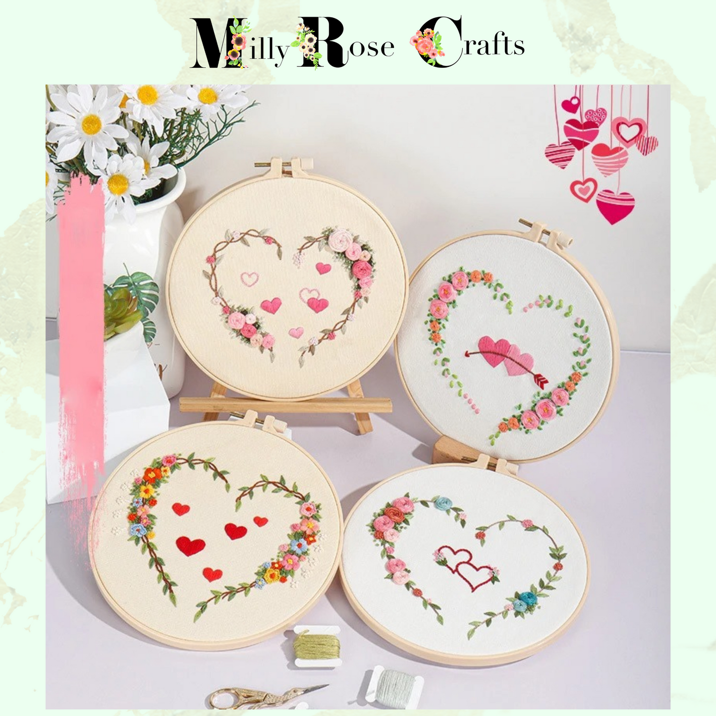 Flower Heart Embroidery Kit Adult Beginner Complete DIY Heart Shaped Stamped Embroidery Cross Stitch Pattern 20cm Hoop Valentines Craft Gift