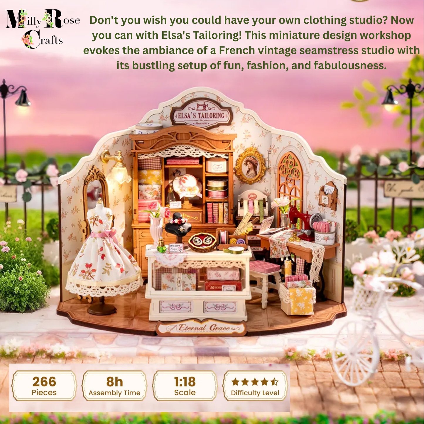 Rolife Elsa's Tailoring DIY Miniature House Robotime Dollhouse Studio Vintage Victorian Style Decor For Miniature Collectors 14+ Adults