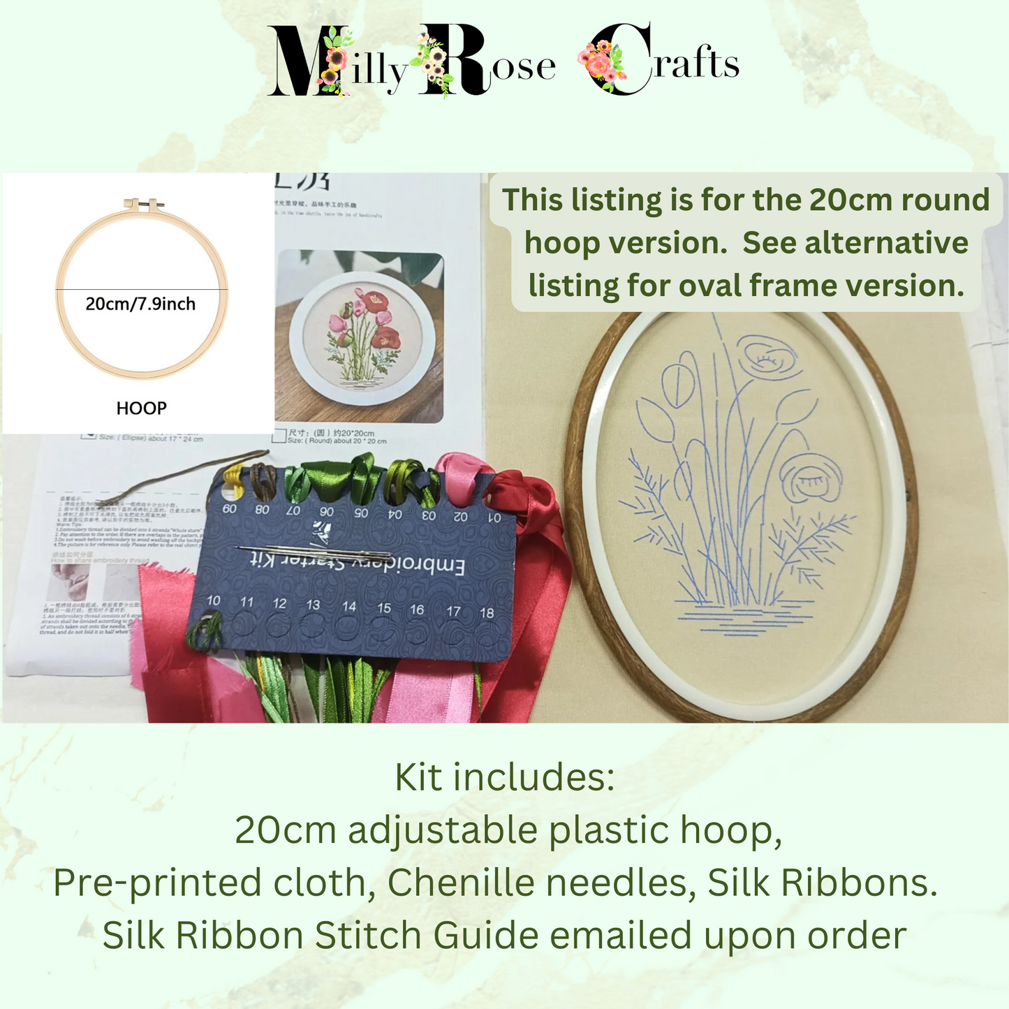 Silk Ribbon Embroidery Kit Round Frames, Poppies Silk Ribbon Embroidery Alium Primula Buttercups Silk Ribbon Beginner Needlework Craft Adult