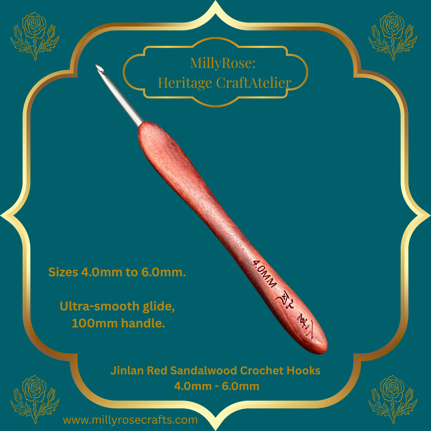 Jinlan Red Sandalwood Crochet Hook, Micro Crochet 4.0mm to 6.0mm High End Ergonomic Crochet Tool, Luxury Handcrafted Lace Hook, Heirloom Fiber Arts Gift, 100mm Handle