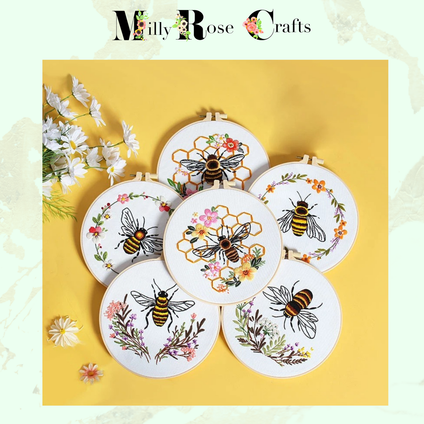 Bees Embroidery Kits Honeycomb Flowers DIY Cross Stitch Starter Craft Kits Beginner Adults Embroidery Cloth with Pattern Instruction Threads