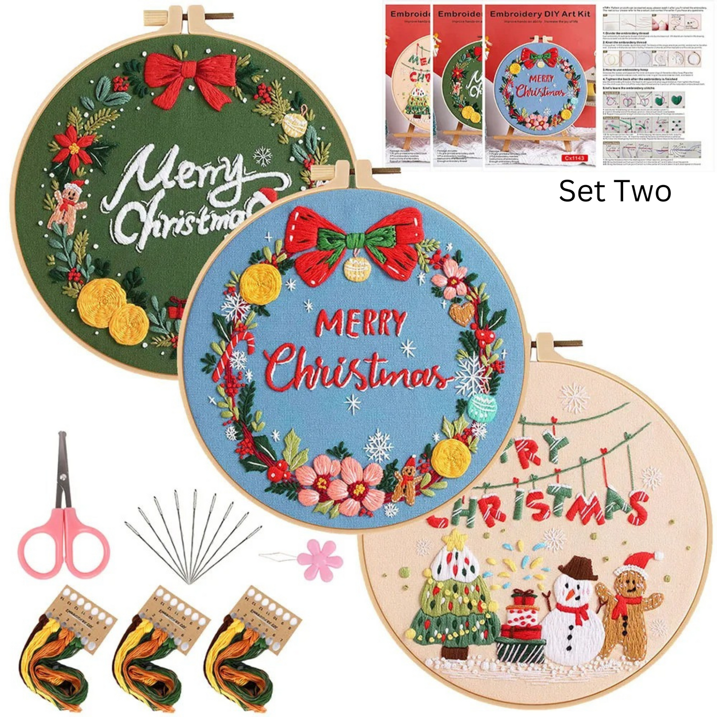 Christmas Embroidery Kits  Beginner Embroidery Kit with Gnome Tree Deer Penguin Pattern, Instruction Thread Needle, Embroidery Kit, 20cm hoop complete stamped cross stitch kit