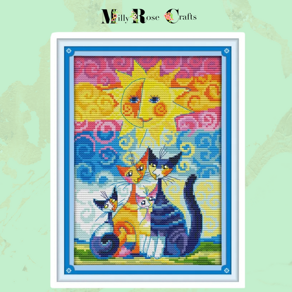 Colourful Cats Cross Stitch Kit Cats Under The  Sun 14ct Stamped Cross Stitch Cats Under The Moon Embroidery Counted Cross Stitch Pattern