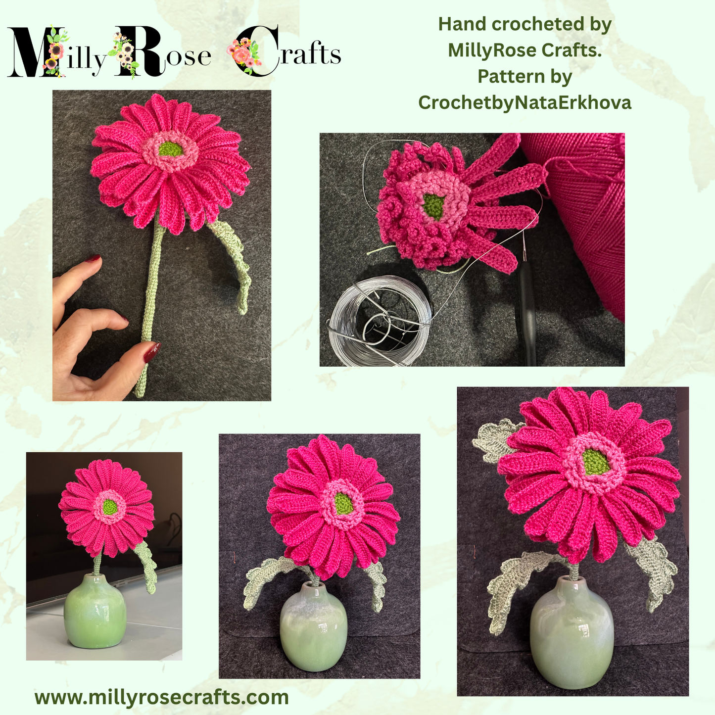 Artisan Hand-Crocheted Gerbera – 100% Egyptian Cotton – Poseable Wired Flower