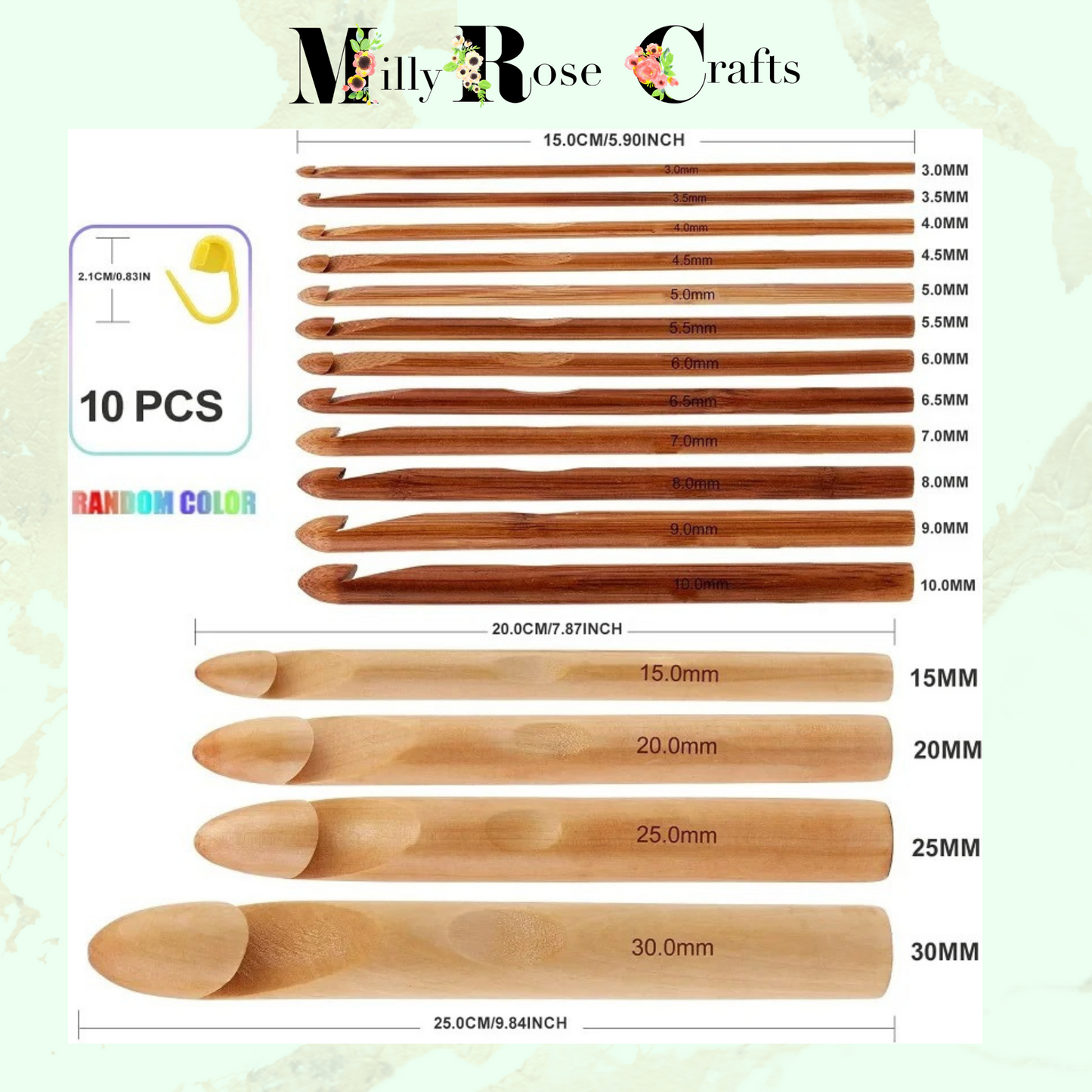 16Pcs Wooden Bamboo Crochet Hooks 3 to 30mm in Diameter Handle Crochet Kit Knitting Needles 10pcs Stitch Markers Giant Crochet Hook Big Yarn