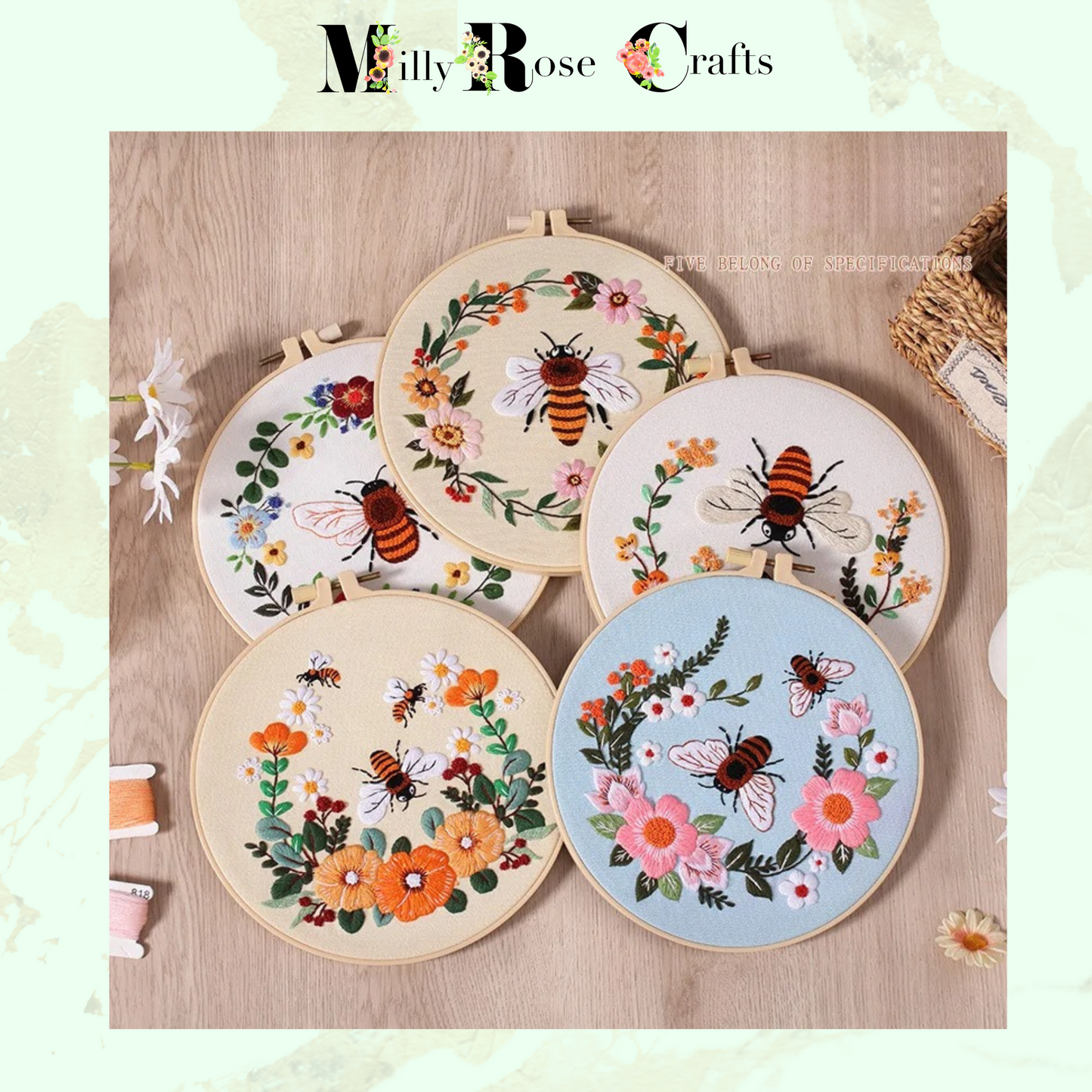 Bees Embroidery Kits Flowers Cross Stitch Starter Craft Kits Beginner Adults DIY Embroidery Cloth with Pattern Instruction Threads