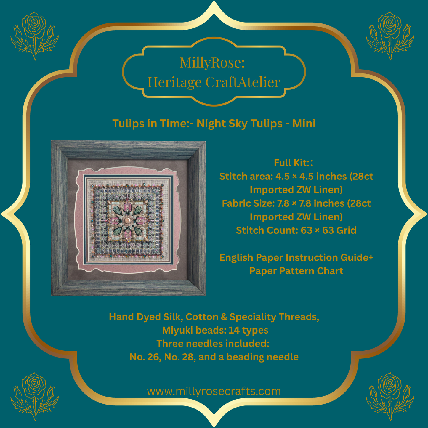 Square close-up of the completed Night Sky Tulips Mini embroidery showing intricate cross stitching, green crystals, and plum beads in a light oak frame.