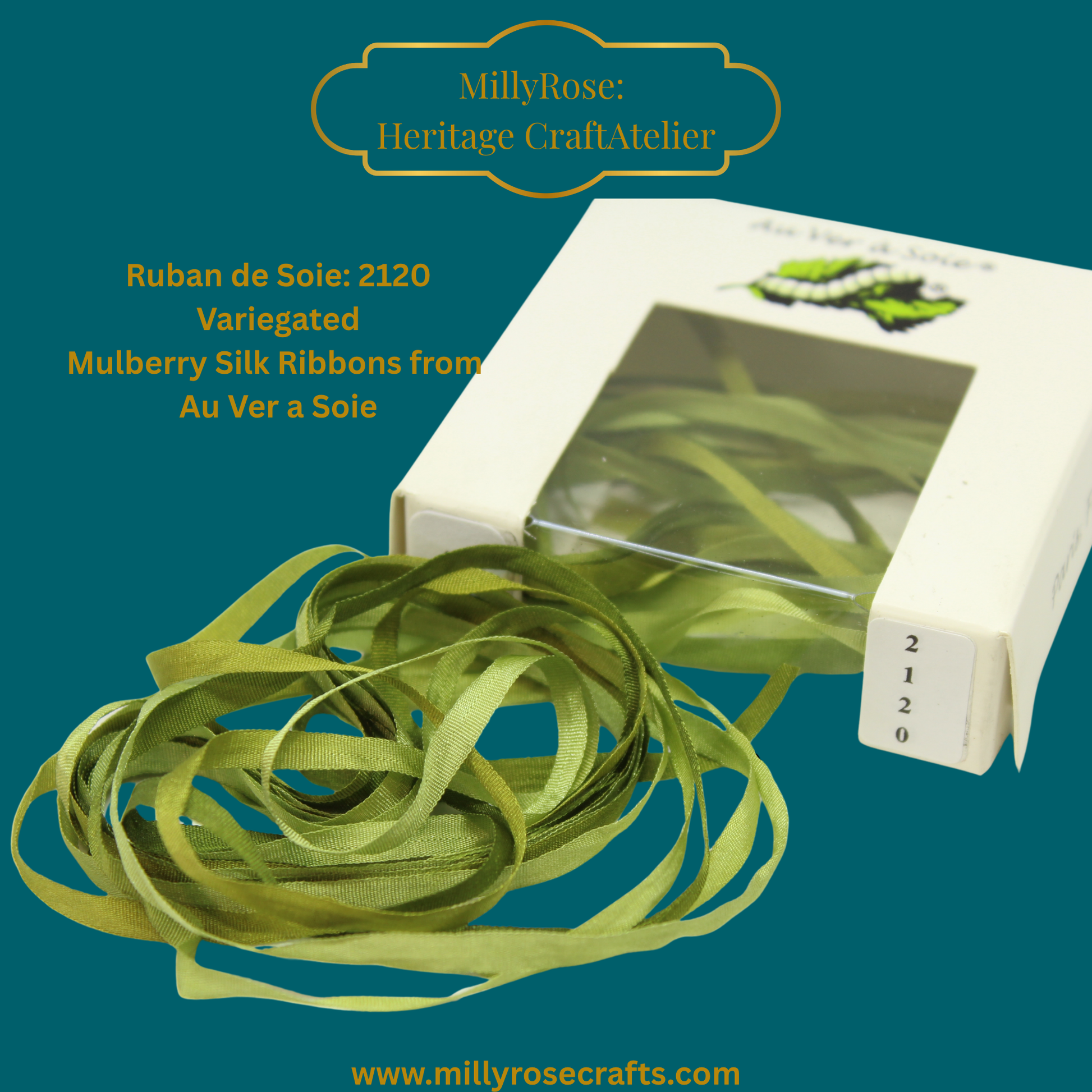 Au Ver à Soie 4mm green variegated mulberry silk ribbon 2120  official swatch