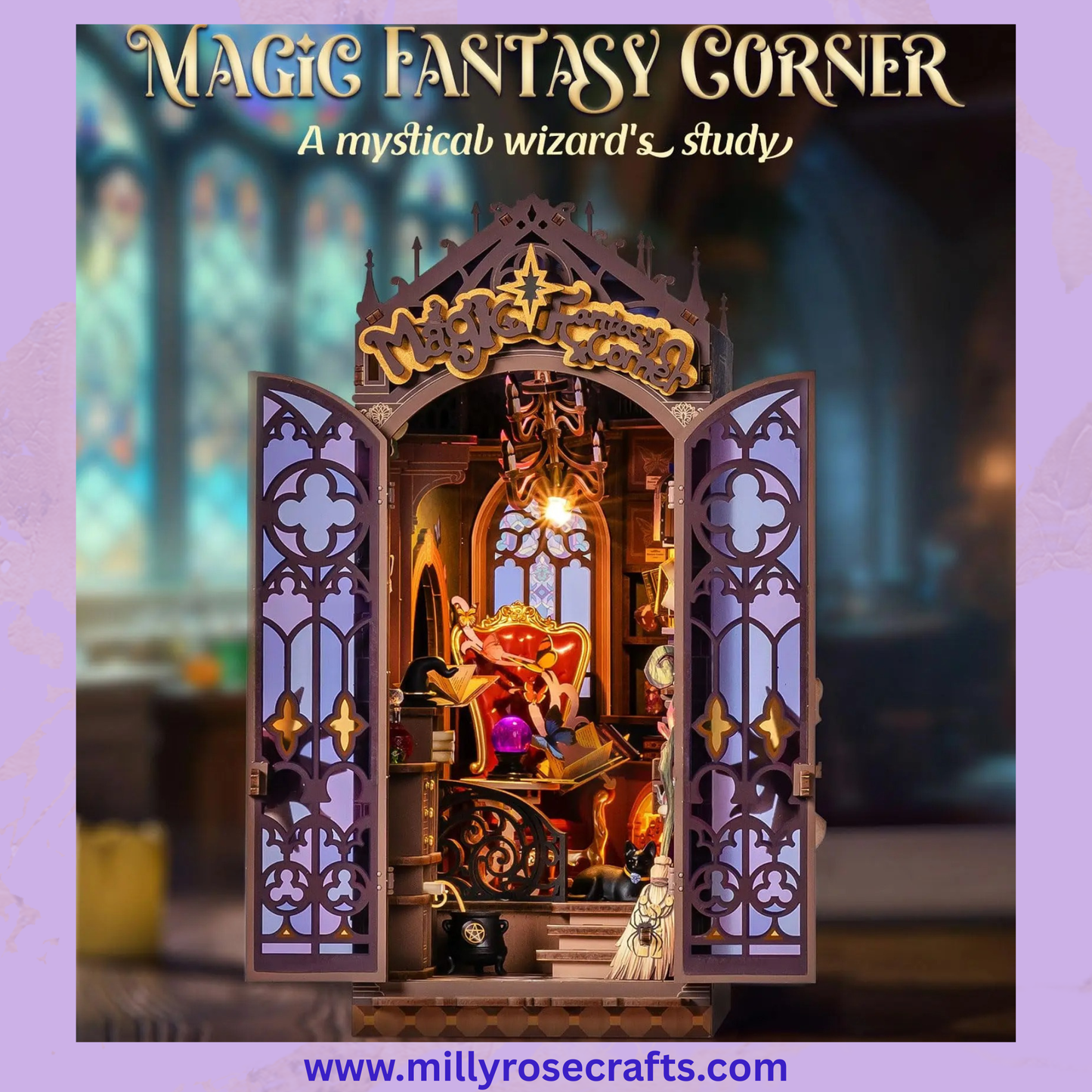 Rolife Magic Fantasy Corner Book Nook Kit Neo-Gothic Wizardry Bookshelf Insert Auto-On LED Light Desk Bookshelf Decoration 14+ Craft Gift
