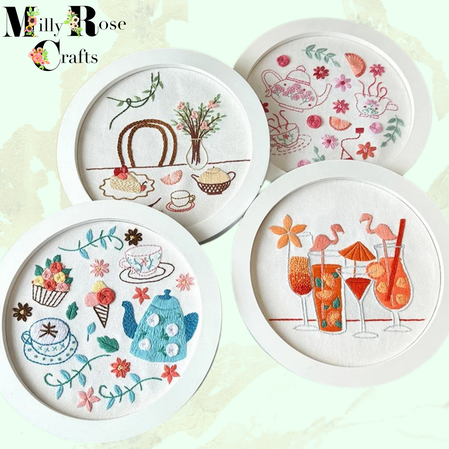 Afternoon Tea Embroidery Kit Gin Cocktails China Cups Cupcake Embroidery Beginner Adult Easy Instructions Stamped Embroidery Cloth 20cm Hoop