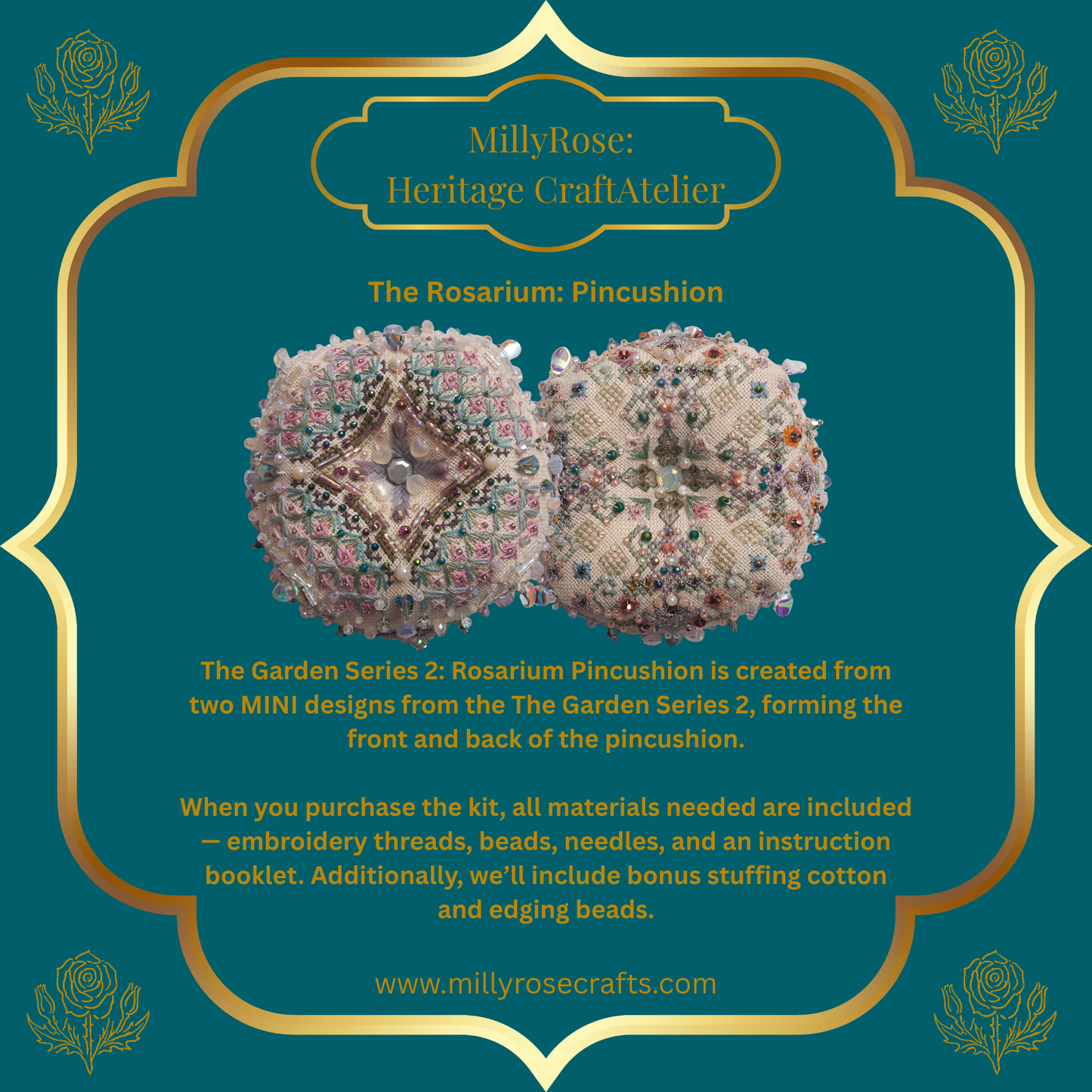 "Rosarium Pincushion" Luxury 3D Needlework Kit – The Garden Series 2 by IMake – Double-Sided Hand-Dyed Silk, Zweigart Linen & Beading Set