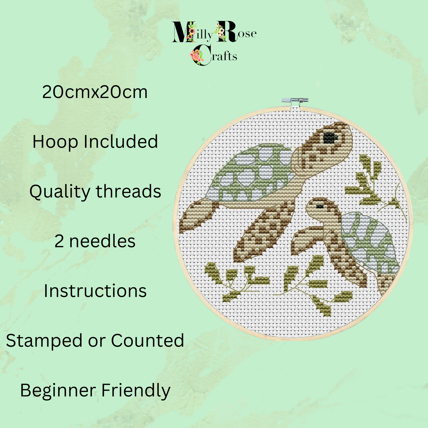 Sea Turtle Cross Stitch Kit Two Turtles Stamped & Counted Beginner Friendly Sea life Cross Stitch Kit 11ct 20x20cm Hoop Included Craft Gift Idea