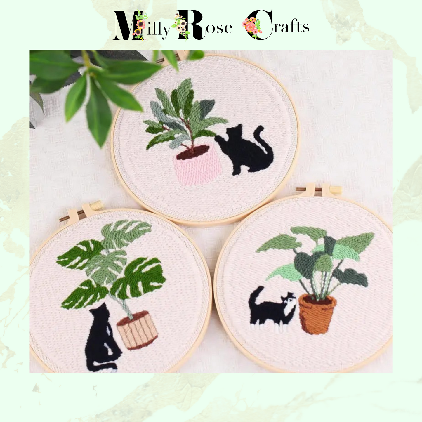 Black Cat Punch Needle Kit Beginner Adult Cat and Plant Punch Needle Embroidery Kit 20cm Hoop Complete DIY Craft Kit Gift Idea