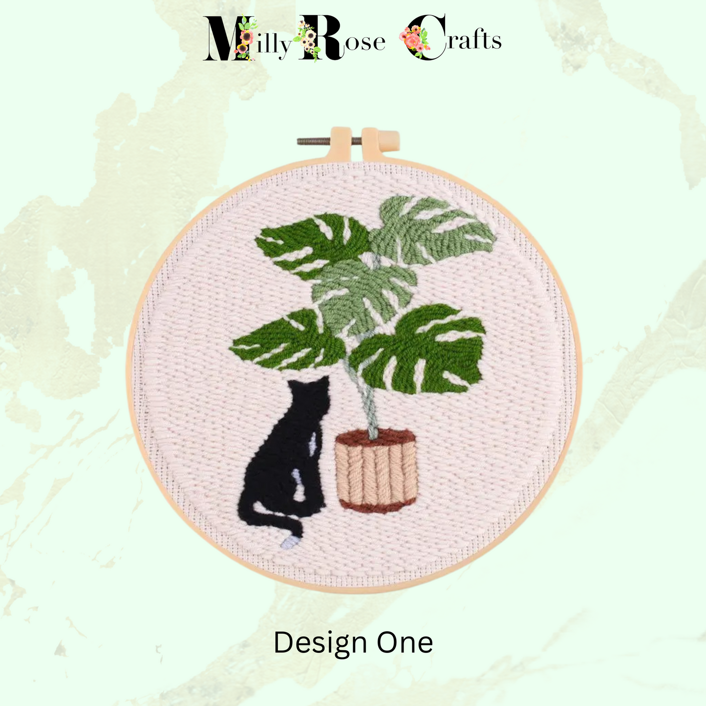 Black Cat Punch Needle Kit Beginner Adult Cat and Plant Punch Needle Embroidery Kit 20cm Hoop Complete DIY Craft Kit Gift Idea