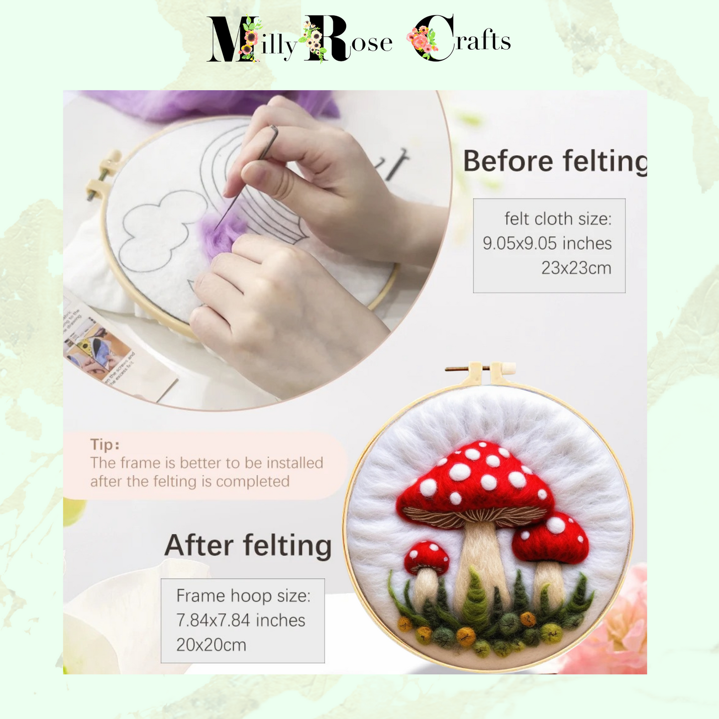 2d Needle Felting Kit Red and White Mushroom Wool Painting Kit Adult Beginner Friendly Toadstool Needle Felting Craft Merino Wool 20cm Hoop