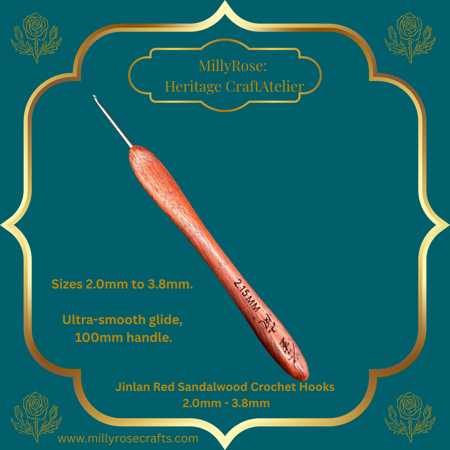 Jinlan Red Sandalwood Crochet Hook, Micro Crochet 2.0mm to 3.8mm High End Ergonomic Crochet Tool, Luxury Handcrafted Lace Hook, Heirloom Fiber Arts Gift, 100mm Handle