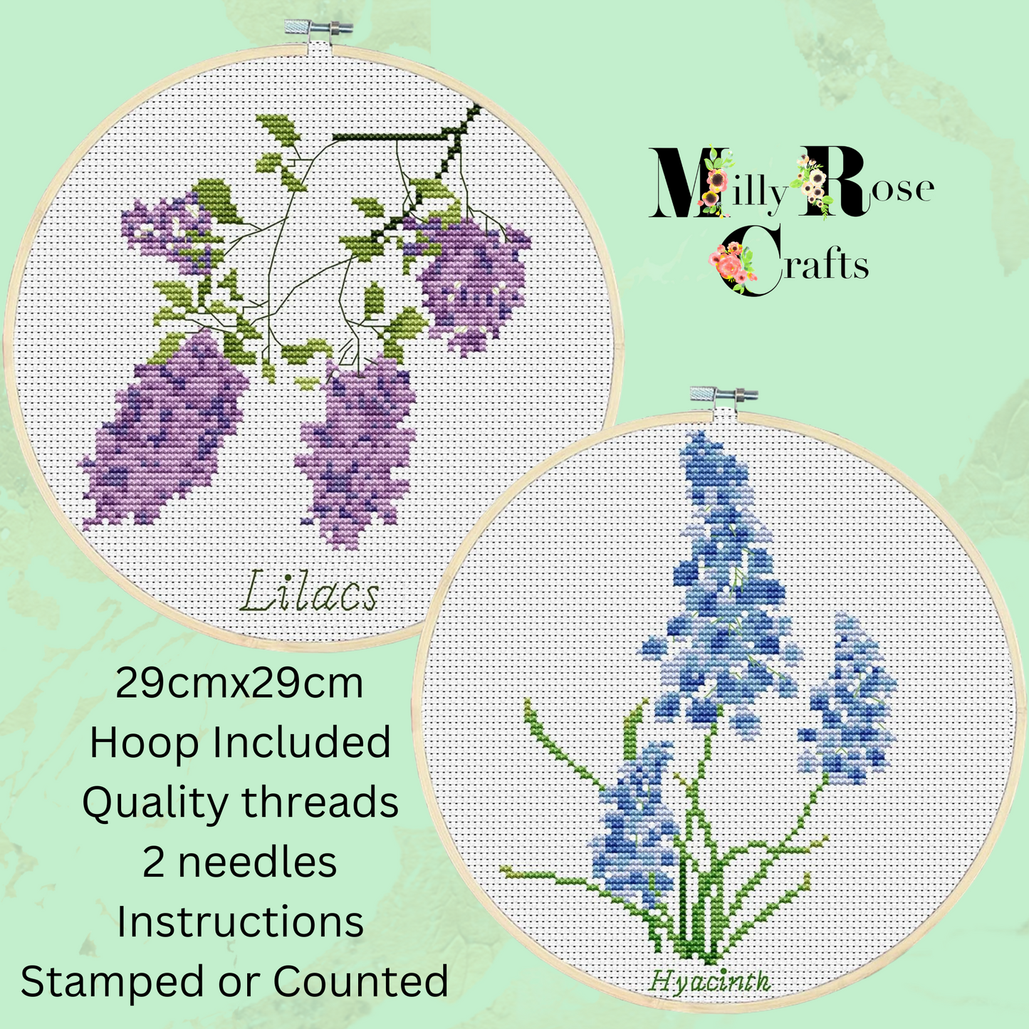 Hyacinth Cross Stitch Kit Lilac Stamped & Counted Beginner Friendly Cross Stitch Kit 11ct 29x29cm Hoop Included Craft Gift Idea