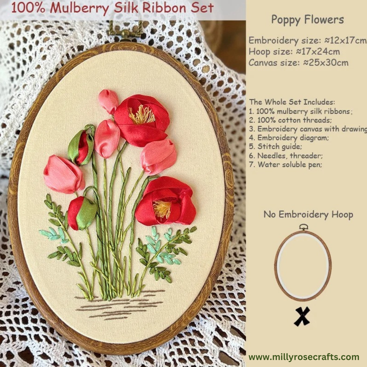 Mulberry Silk Ribbon Embroidery Kit, Red Poppy Blooms, Beginner Needlework Craft