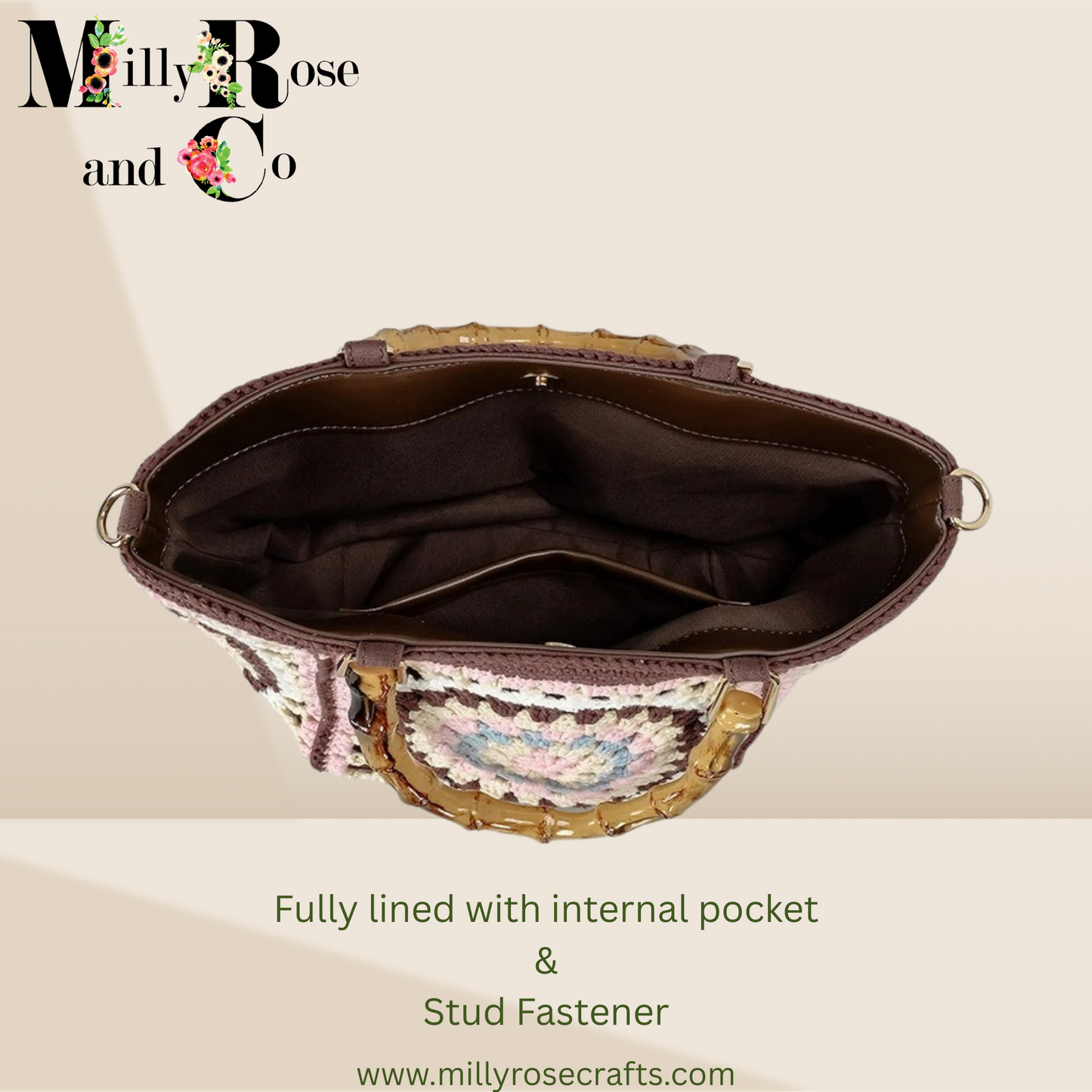 Bohemian Crochet  Granny Square Hand Bag Small Tote with Bamboo Handle Hand-Woven  Shoulder Bag Ideal Gift