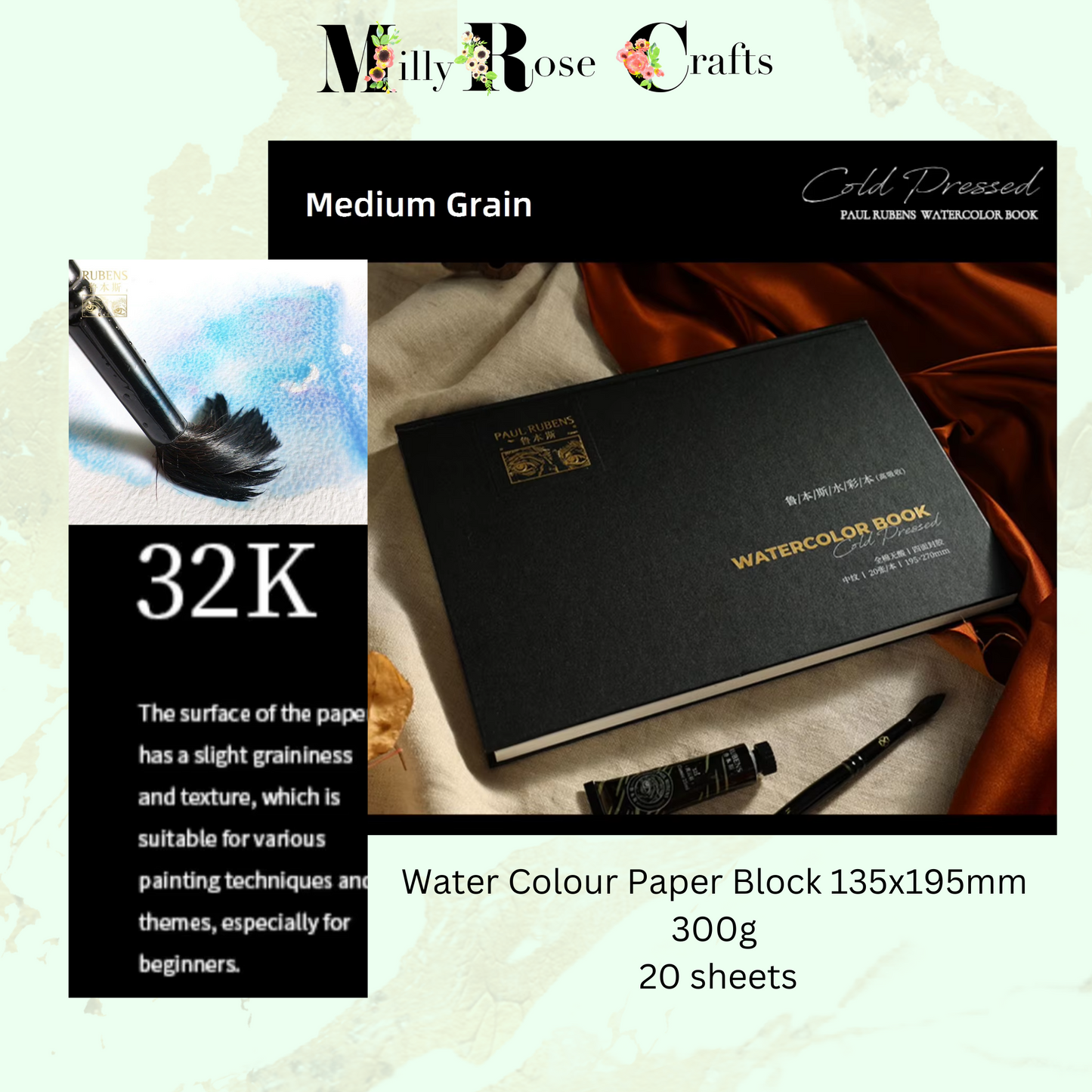 Paul Rubens Watercolour Painting Book High Absorption Cold Pressed Water Color Paper Paper Block Sketchbook Grain Options100% Cotton 300gsm 20 Sheets