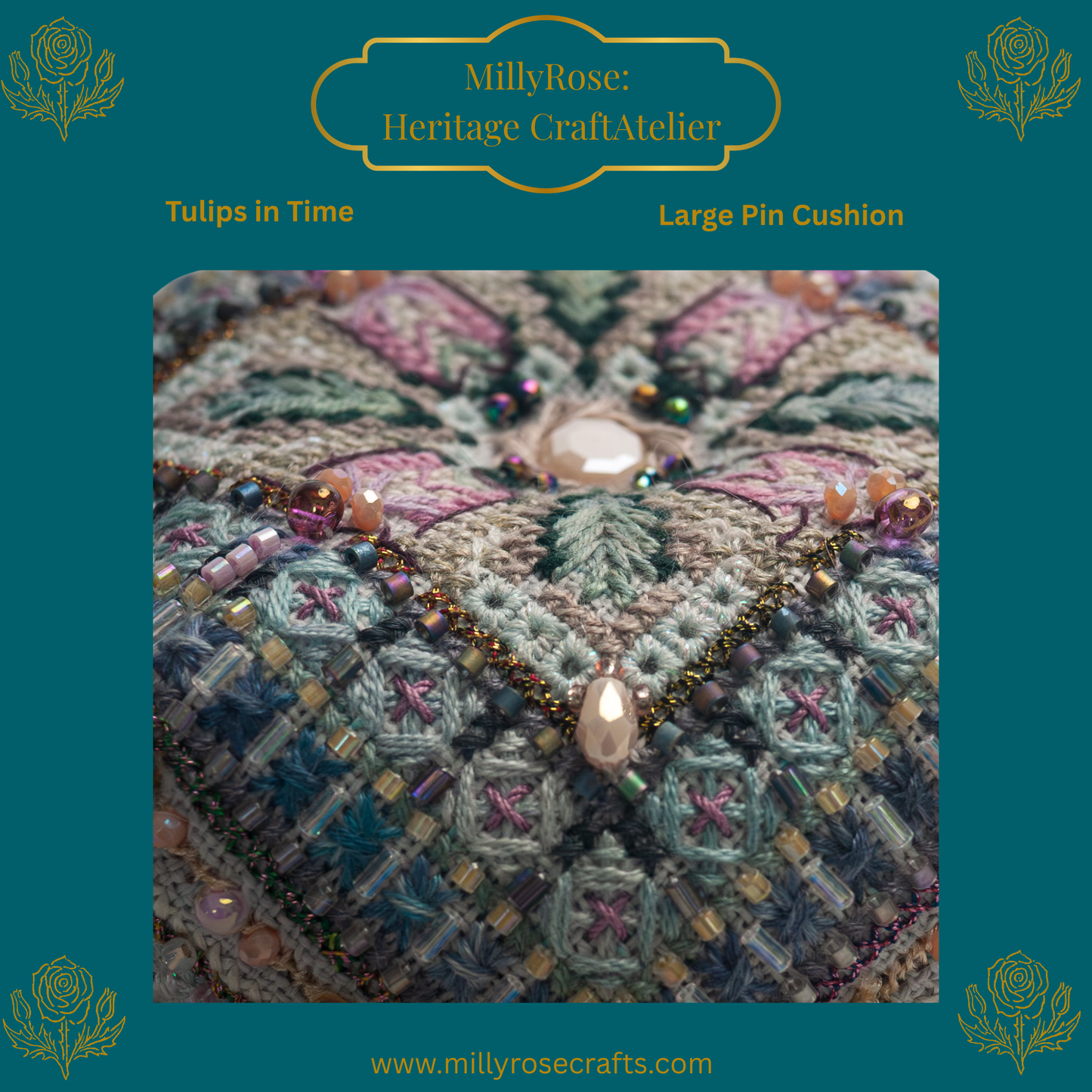 A beautiful three-dimensional stitched tulip pincushion showing detailed geometric beadwork, multi-tonal hand-dyed silk threads, and a decorative button center.