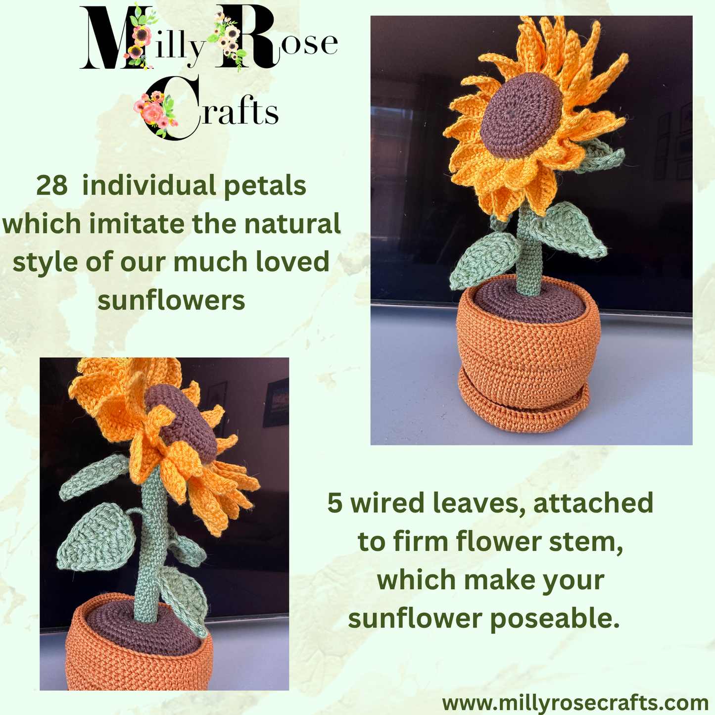Artisan Hand-Crocheted Sunflower in Pot – Scheepjes Catona Cotton – Poseable Summer Decor