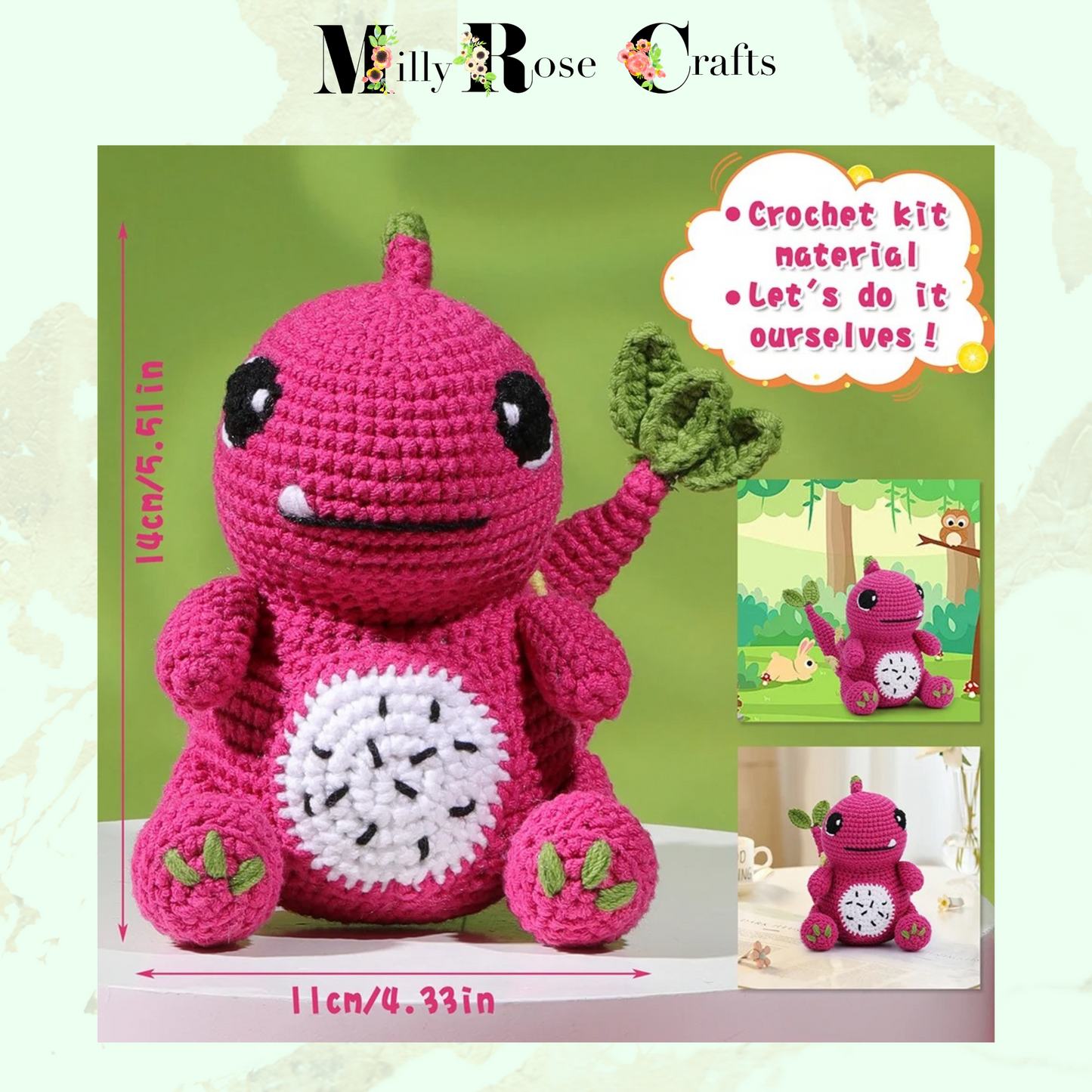 Pink Dinosaur Crochet Kit, Amigurumi Dragon Crochet Kit Beginner Knitting Kit Craft Gift Idea