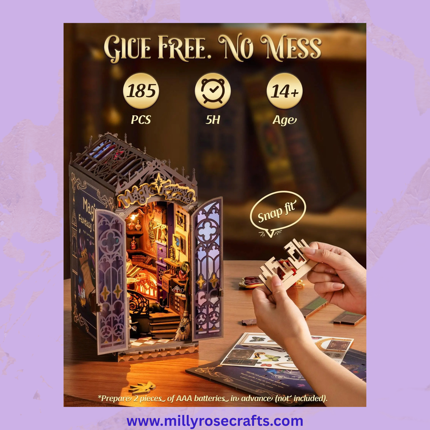 Rolife Magic Fantasy Corner Book Nook Kit Neo-Gothic Wizardry Bookshelf Insert Auto-On LED Light Desk Bookshelf Decoration 14+ Craft Gift